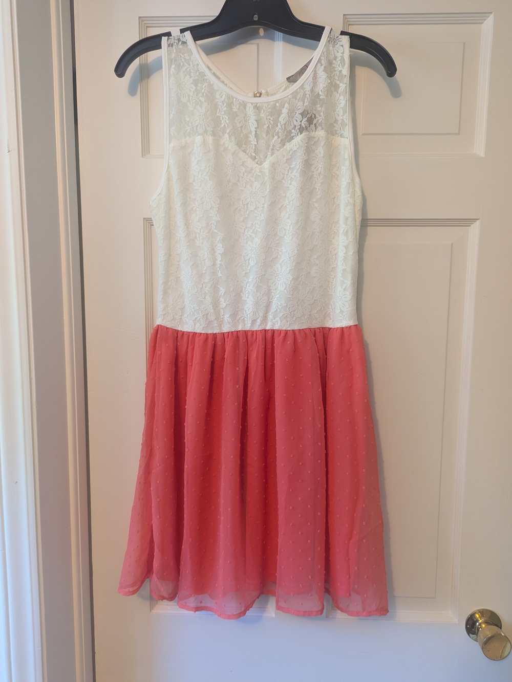 White Lace Bodice with Coral Pink Chiffon Skirt Dress